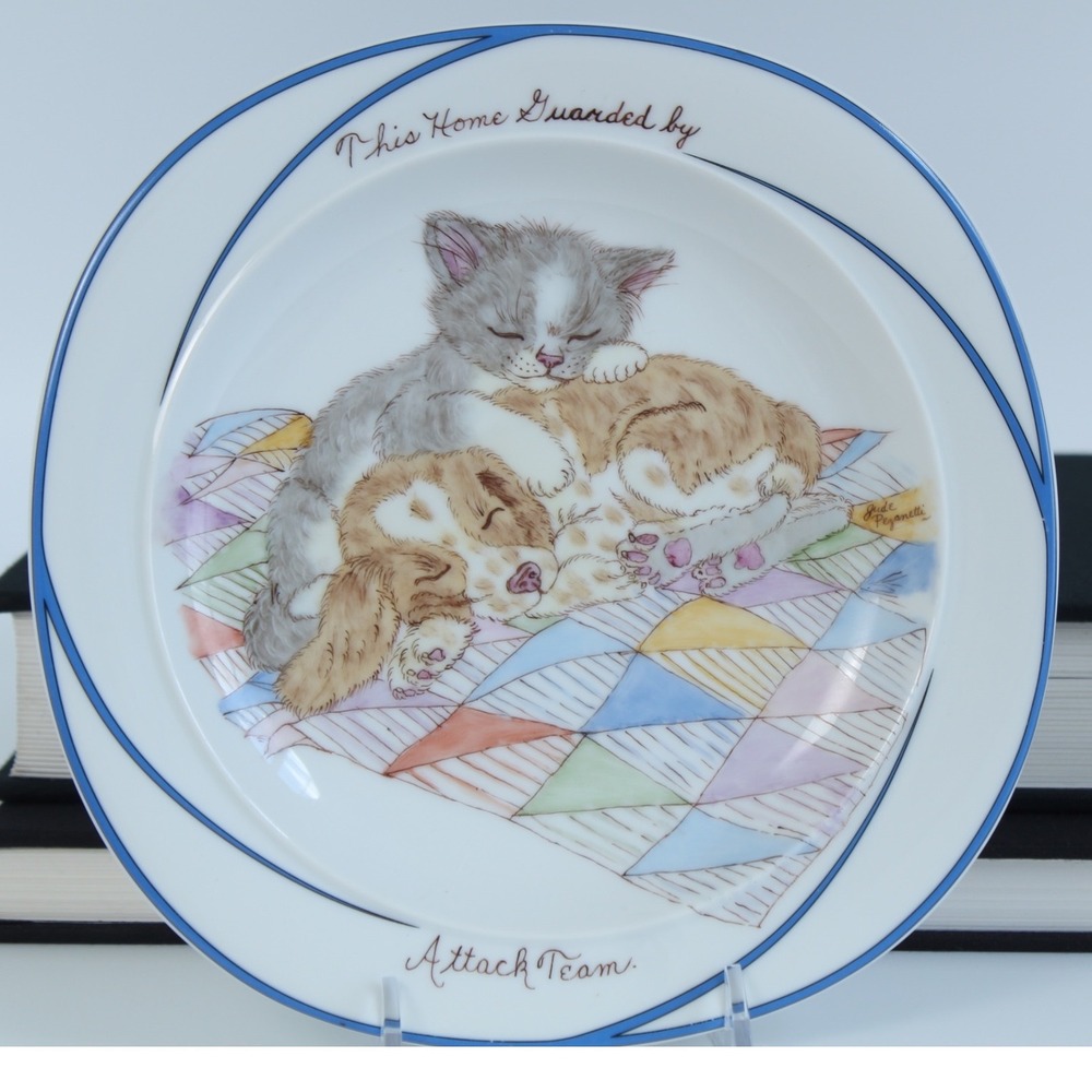 Mikasa Scallops Attack Team Cat Dog Fine China Plate White Blue 7.5 Inch Vintage